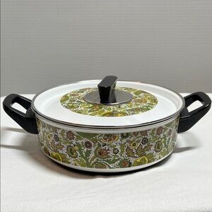 Vintage Fancipans Avocado Paisley Enamel Ware Pot Sauce Pan With Lid